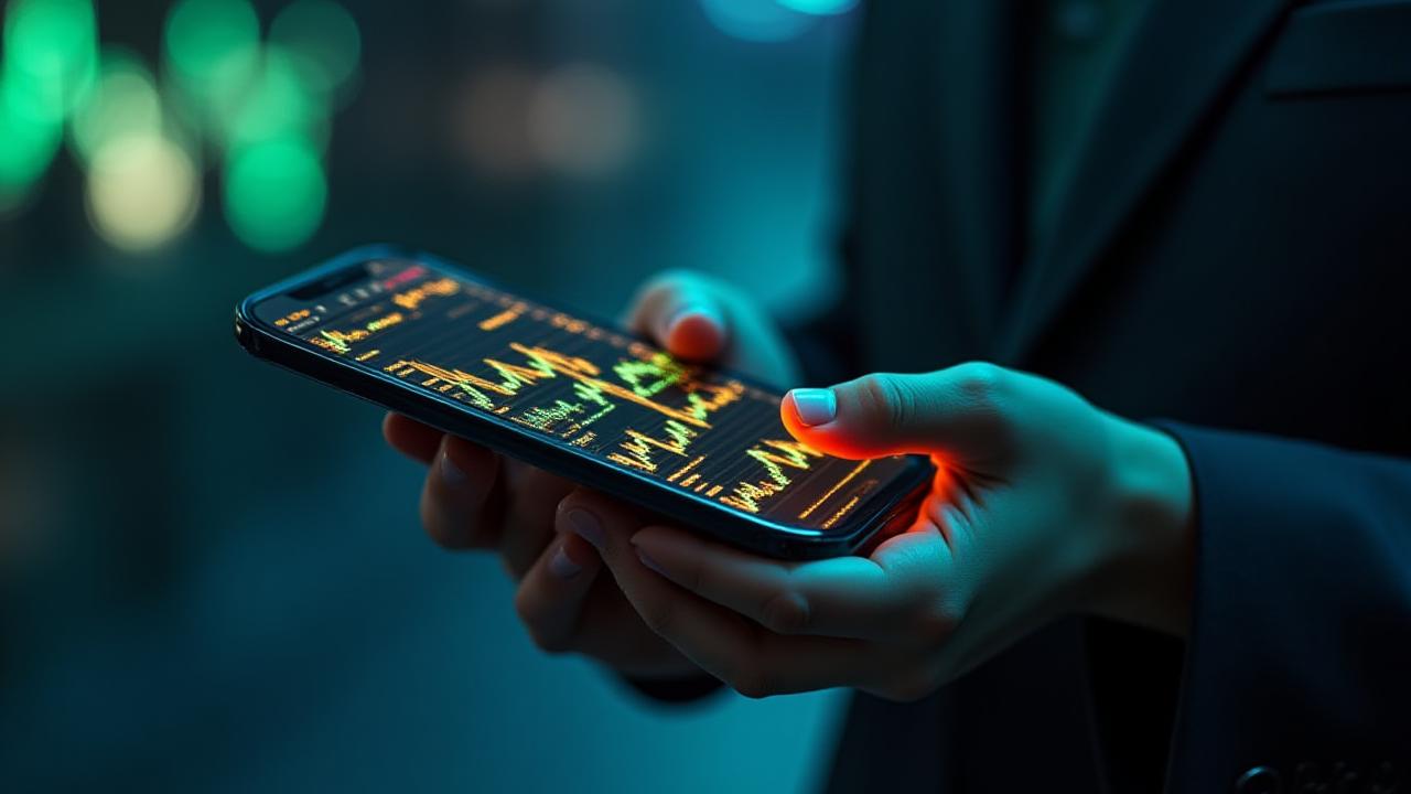 Close up of a high-end smartphone displaying a live gold trading interface with complex candlestick charts